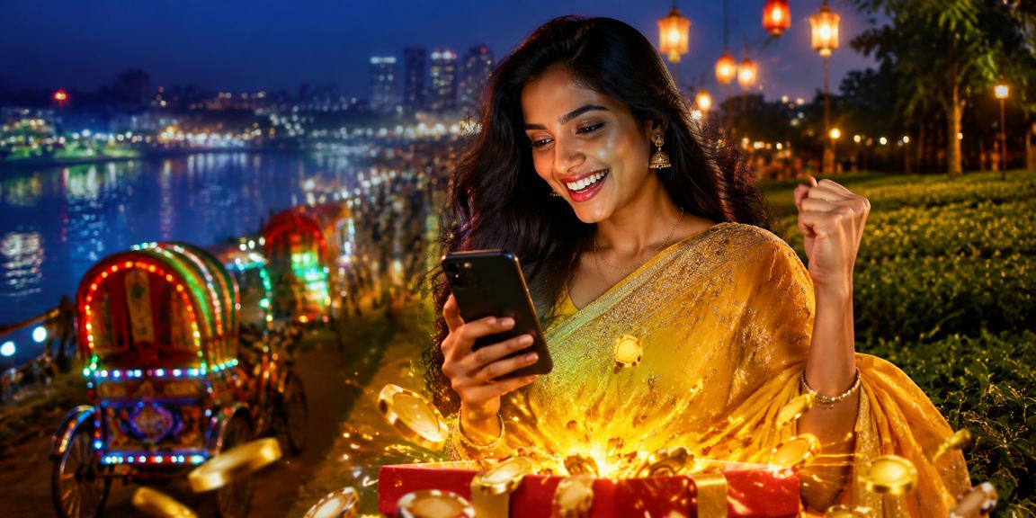 A young man using the take bet Lottery app on mobile, set against a tea garden backdrop in Dhaka